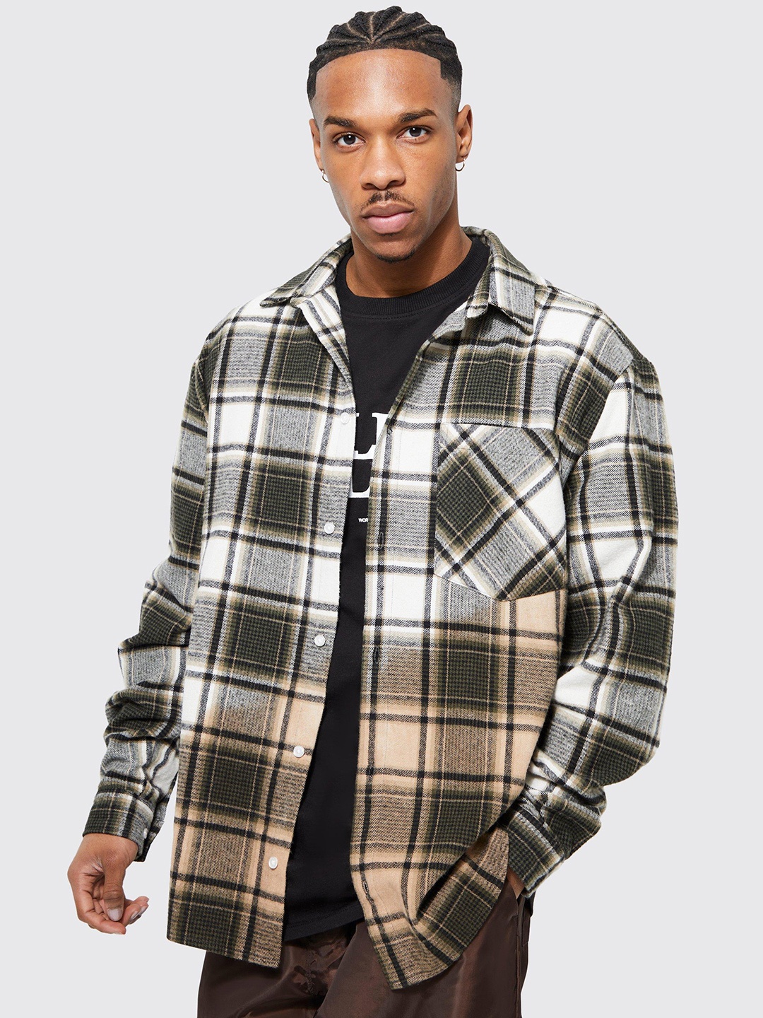 

boohooMAN Bleached Oversized Tartan Checks Casual Shacket, White