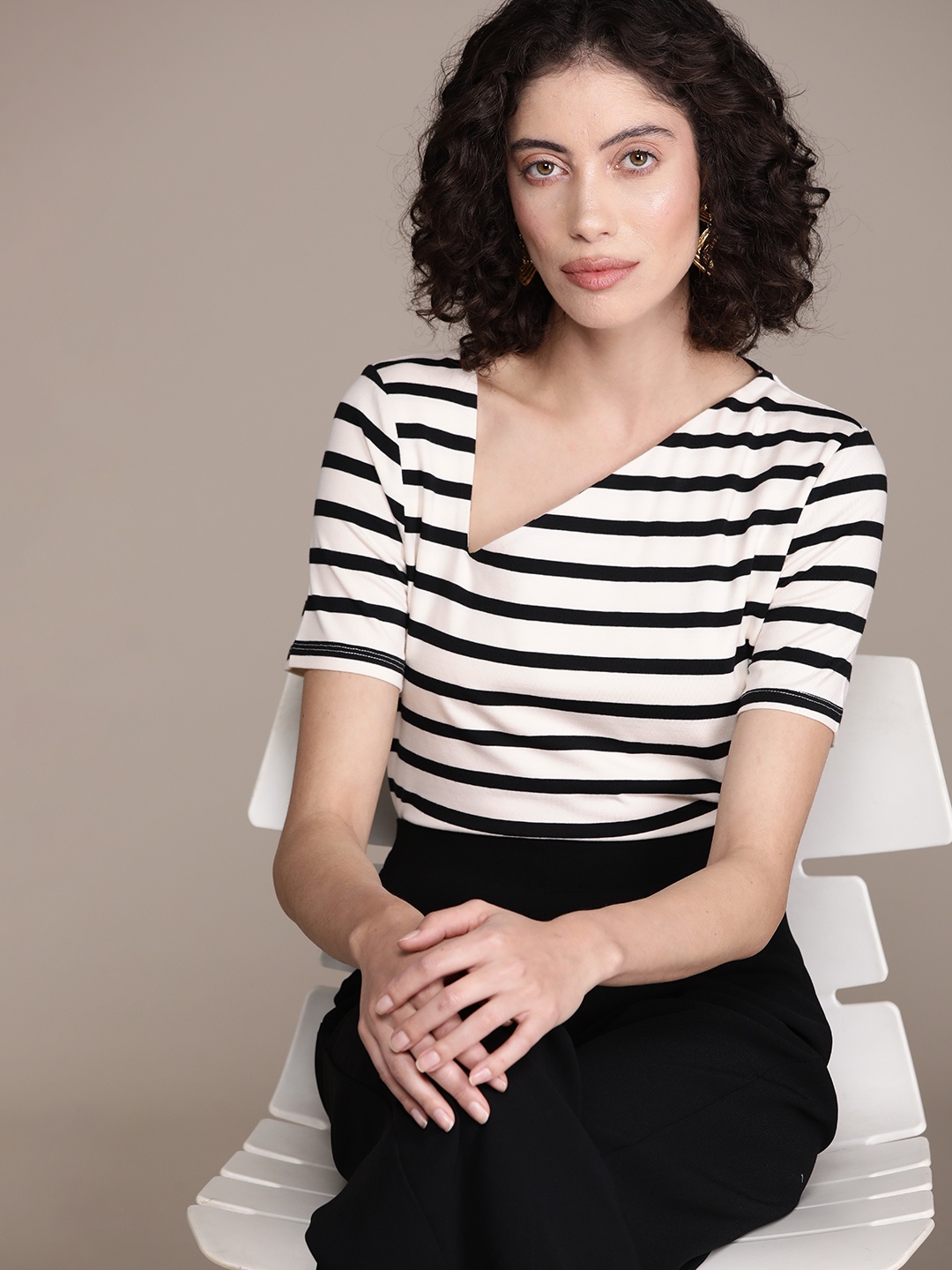 

WAREHOUSE Striped Asymmetric Neckline Top, Black