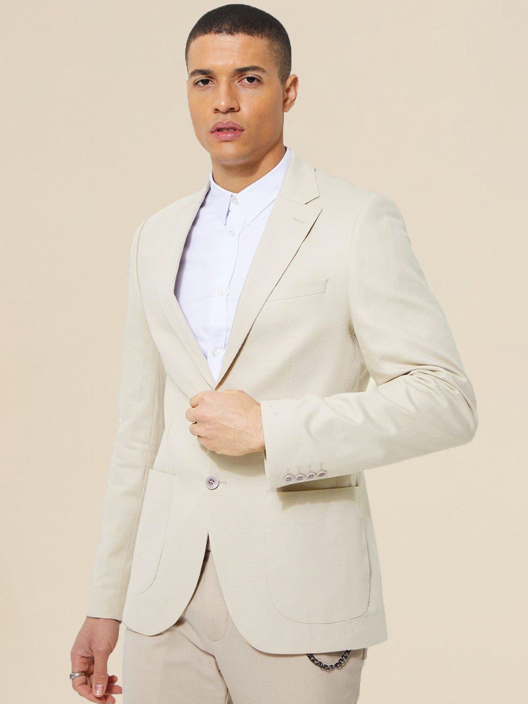 

boohooMAN Skinny Fit Single Breasted Textured Blazer, Beige