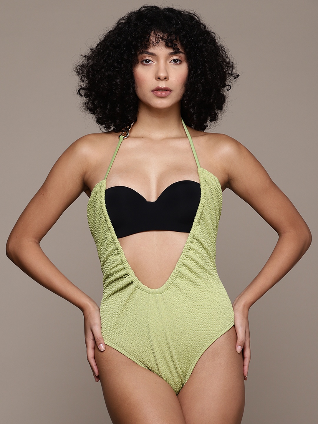 

WAREHOUSE Halter Neck Medium Coverage Ruched Swimsuit, Green