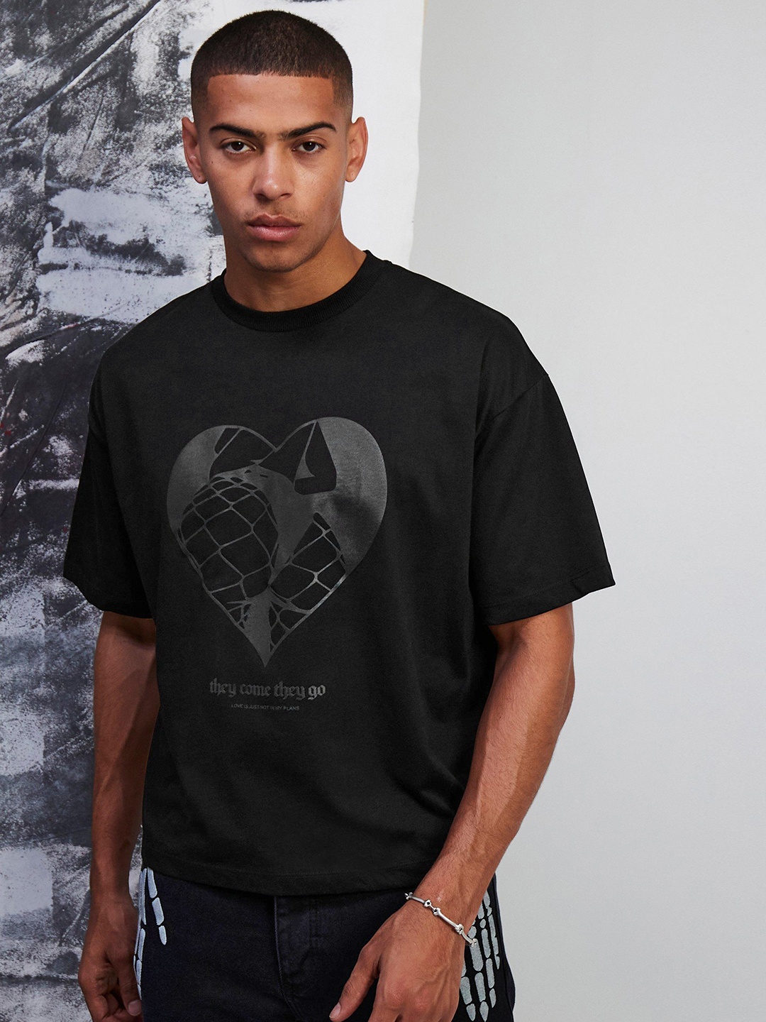 boohooMAN Graphic Printed Pure Cotton Oversized T-shirt, Black