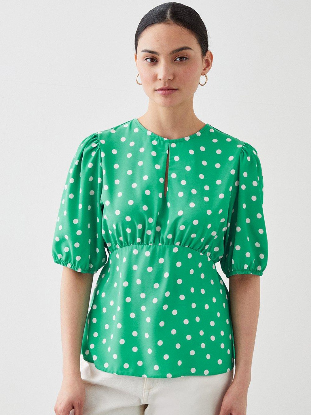 

DOROTHY PERKINS Petite Polka Dot Print Keyhole Neck Puff Sleeves Cinched Waist Top, Green