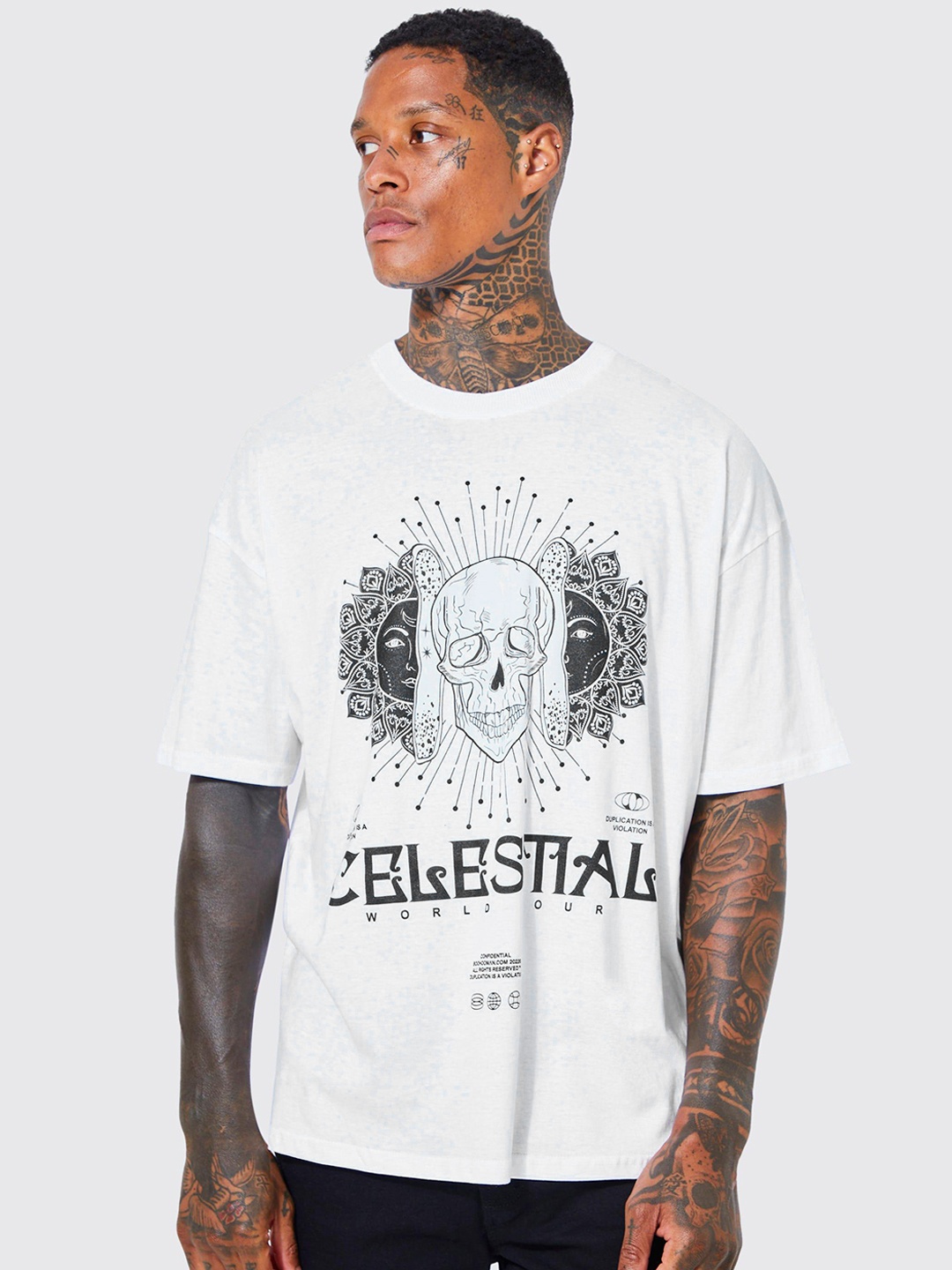 

boohooMAN Pure Cotton Printed Oversized Drop-Shoulder T-shirt, White