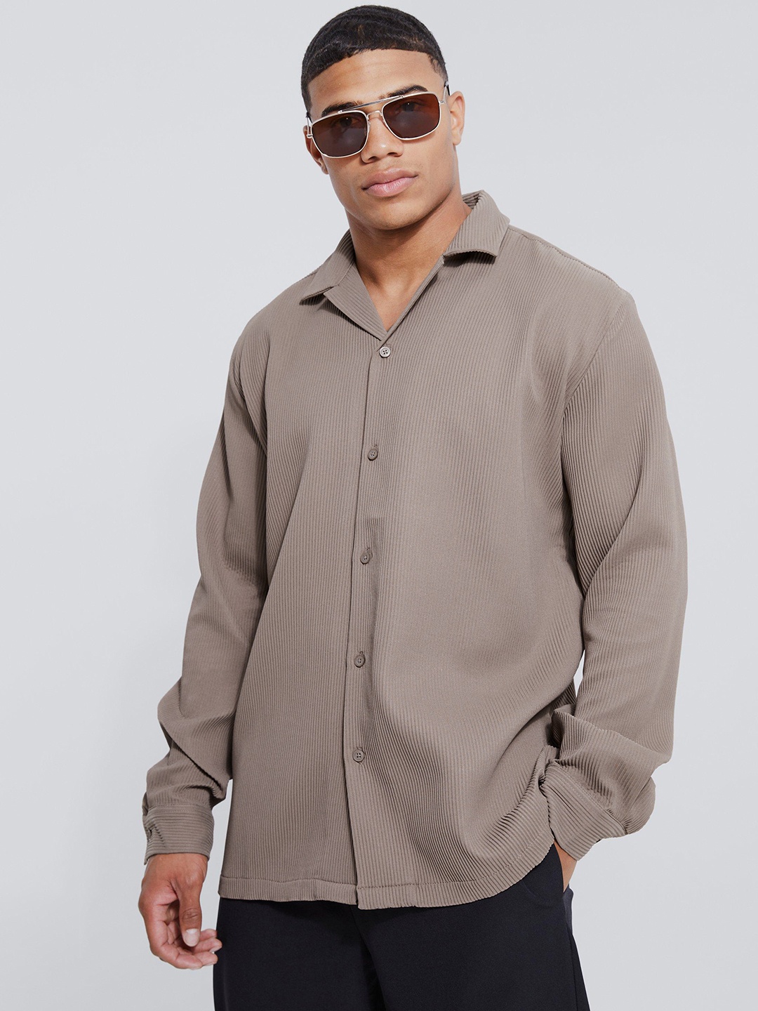 

boohooMAN Oversized Fit Pleated Casual Shirt, Taupe