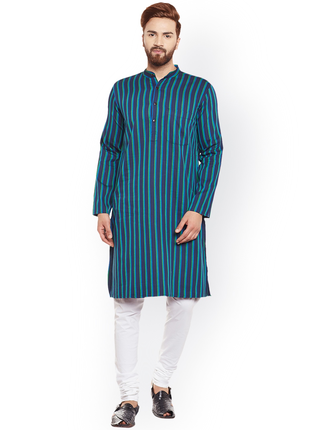 

even Men Navy Blue & Green Solid A-Line Kurta