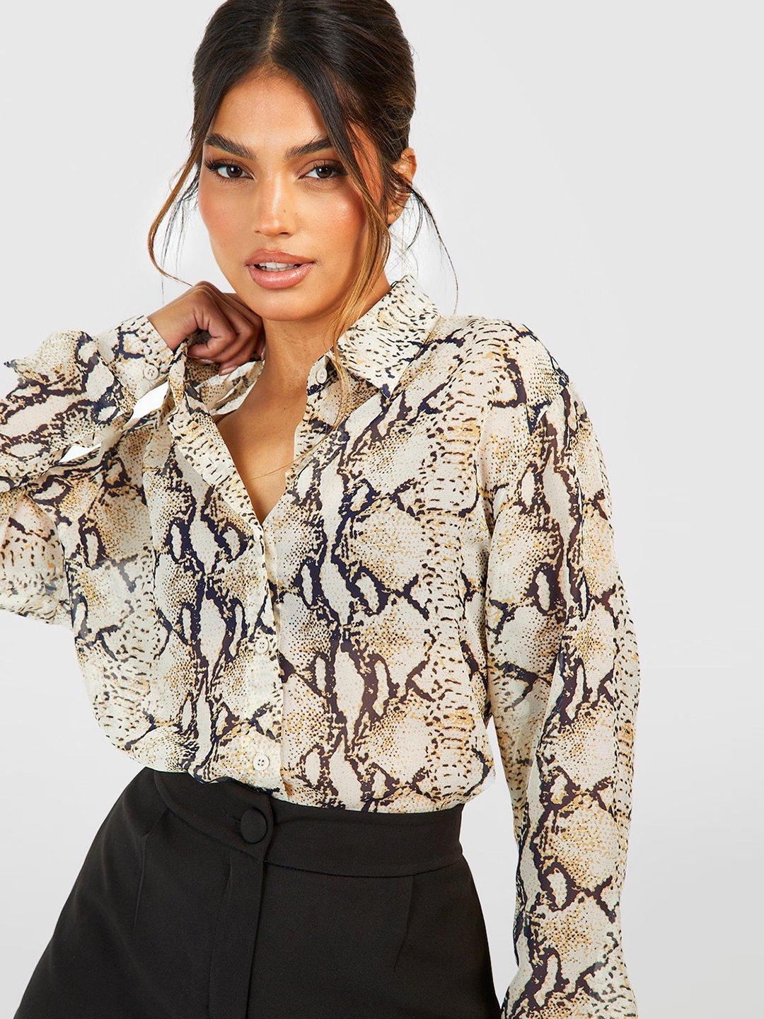 Boohoo Women Snake Print Oversized Casual Shirt, Beige