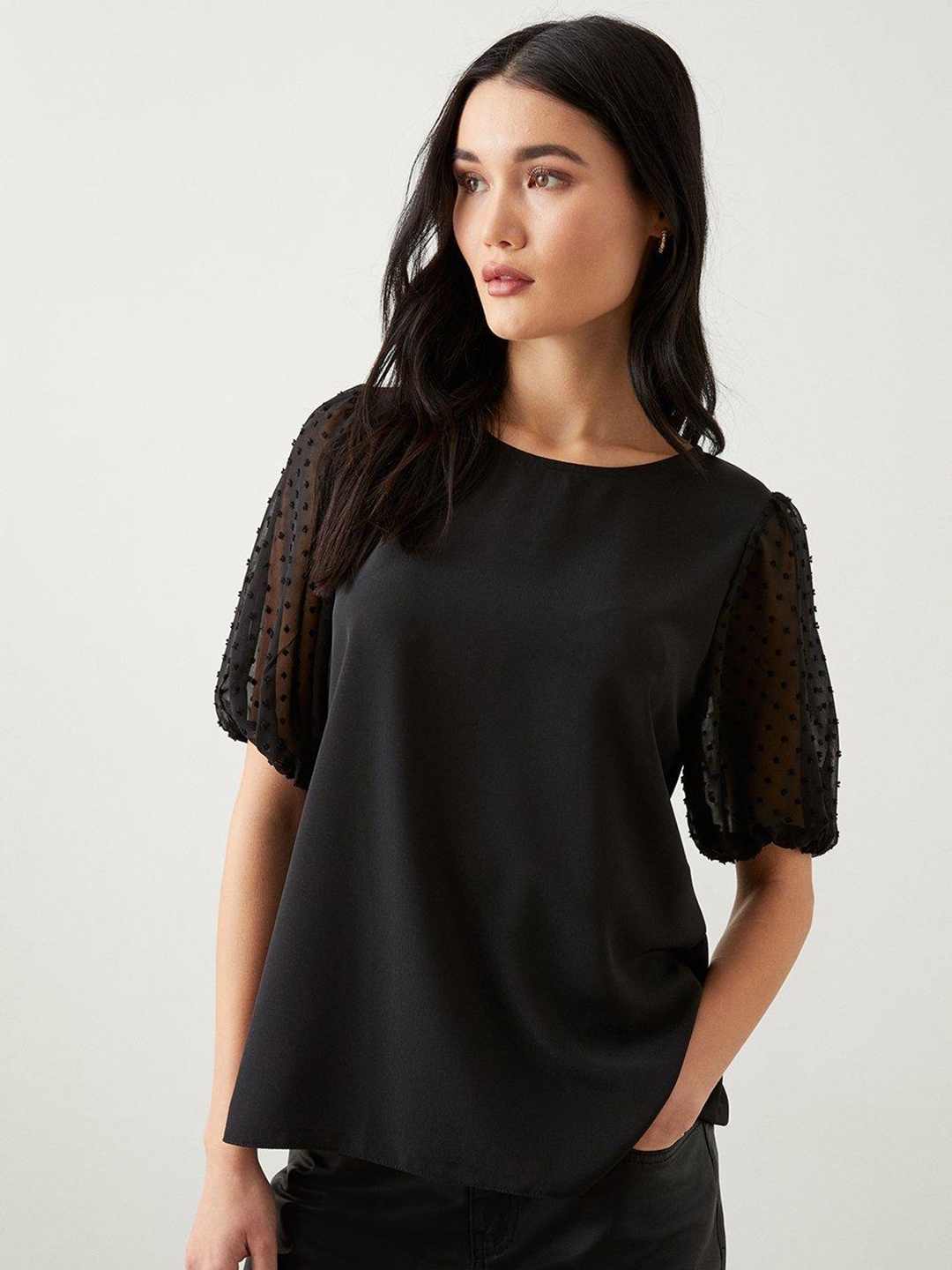 

DOROTHY PERKINS Dobby Detail Puff Sleeves Top, Black