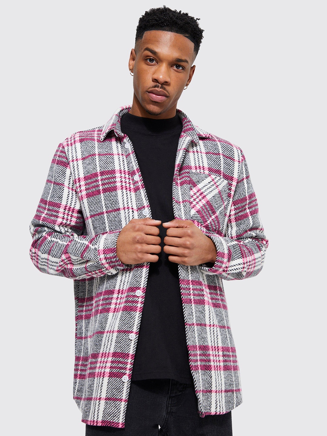 

boohooMAN Tartan Checked Casual Longline Shacket, Black