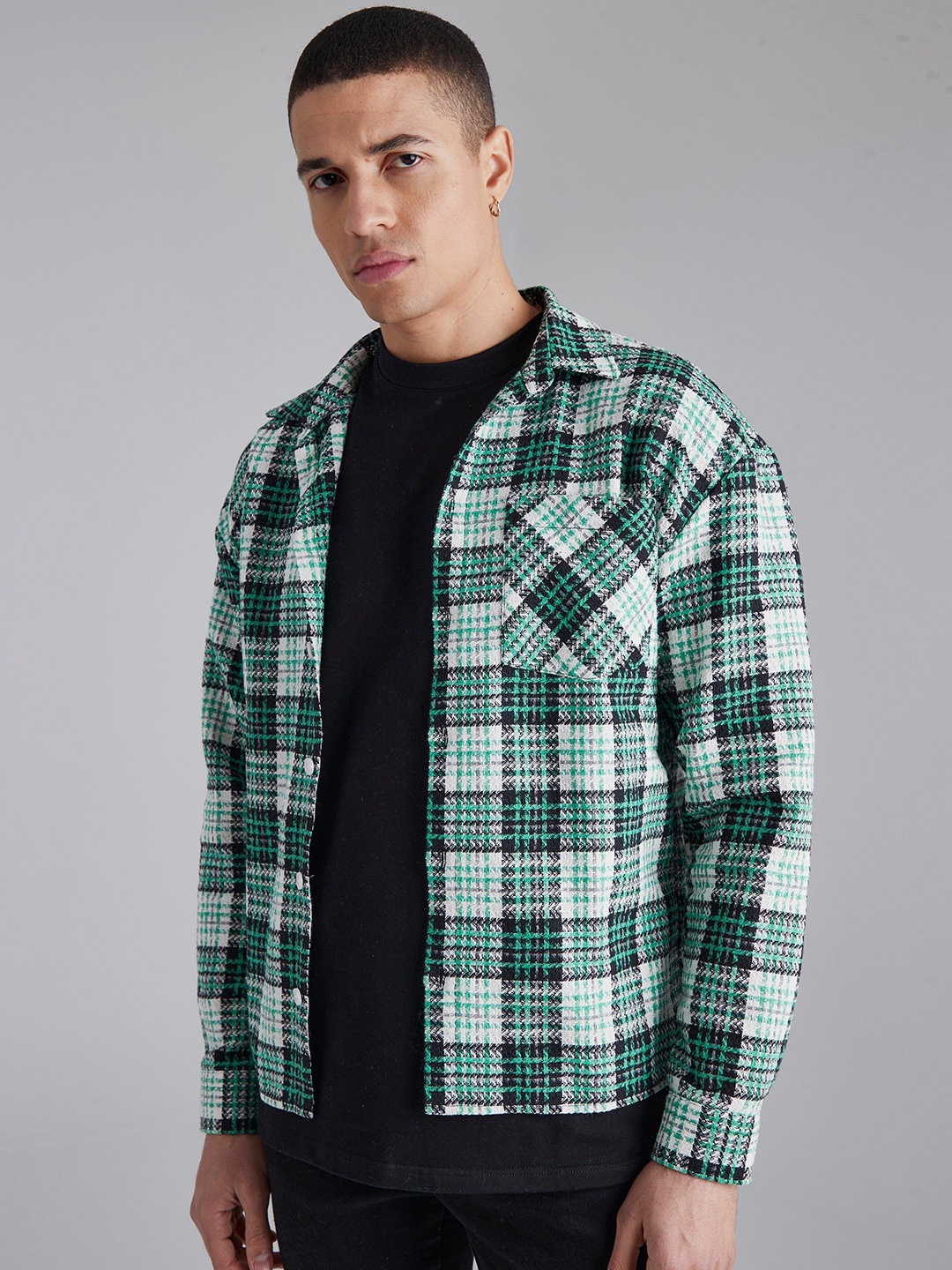 

boohooMAN Opaque Checked Shacket, Green
