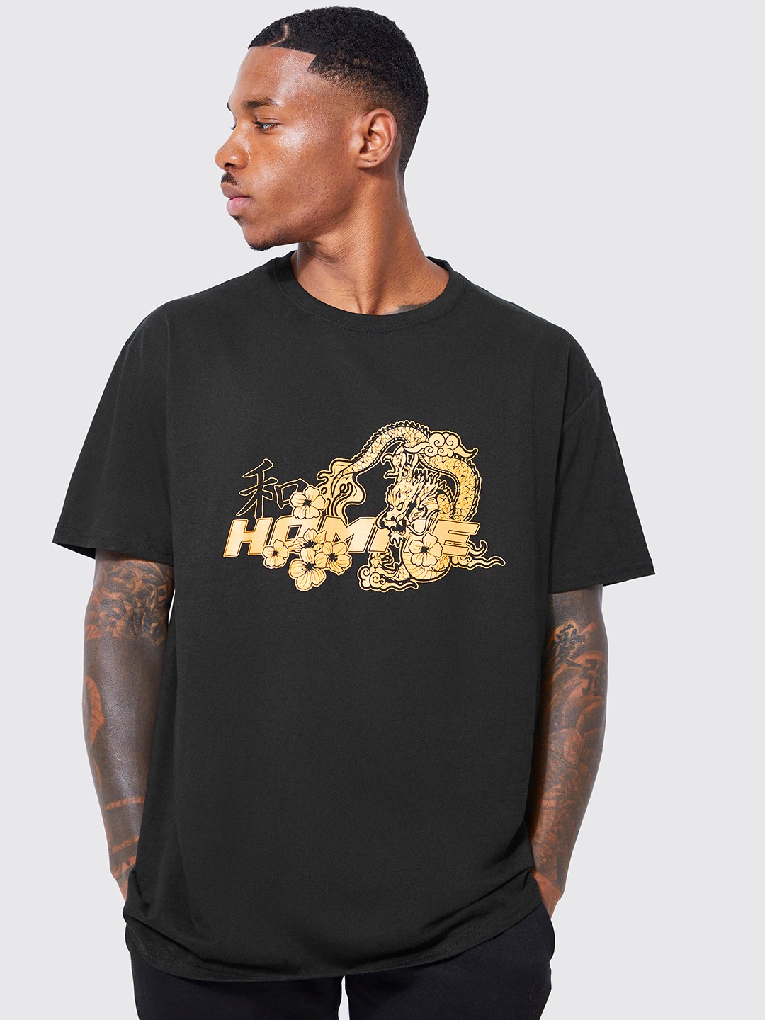 

boohooMAN Typography Print Pure Cotton Oversized T-shirt, Black