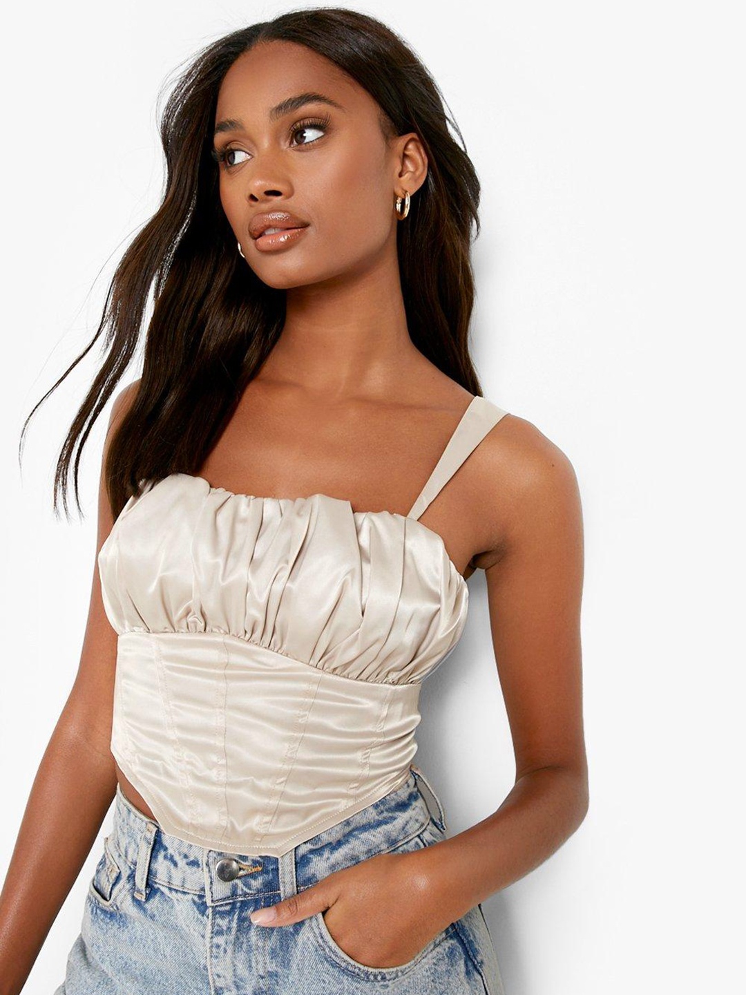 

Boohoo Ruched Corset-Style Crop Top, Taupe