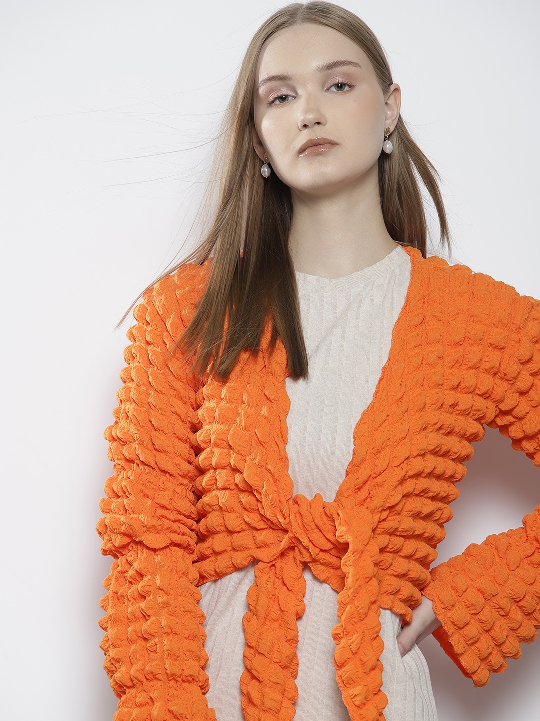 

Boohoo Seersucker Puff Sleeve Tie-Up Top, Orange