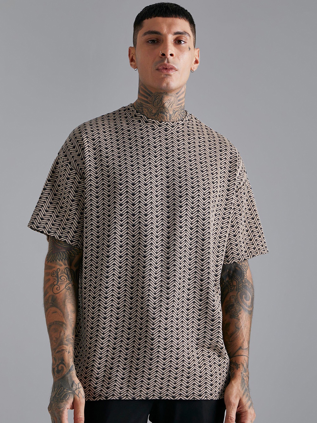 

boohooMAN Herringbone Jaquard Pure Cotton T-shirt, Beige