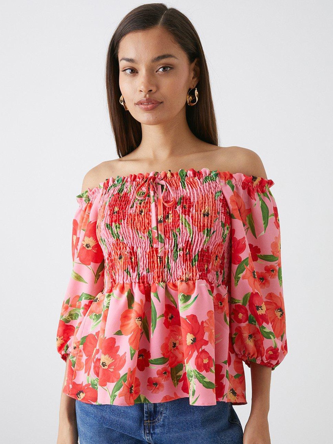 

DOROTHY PERKINS Petite Floral Print Off-Shoulder Smocked Top, Peach