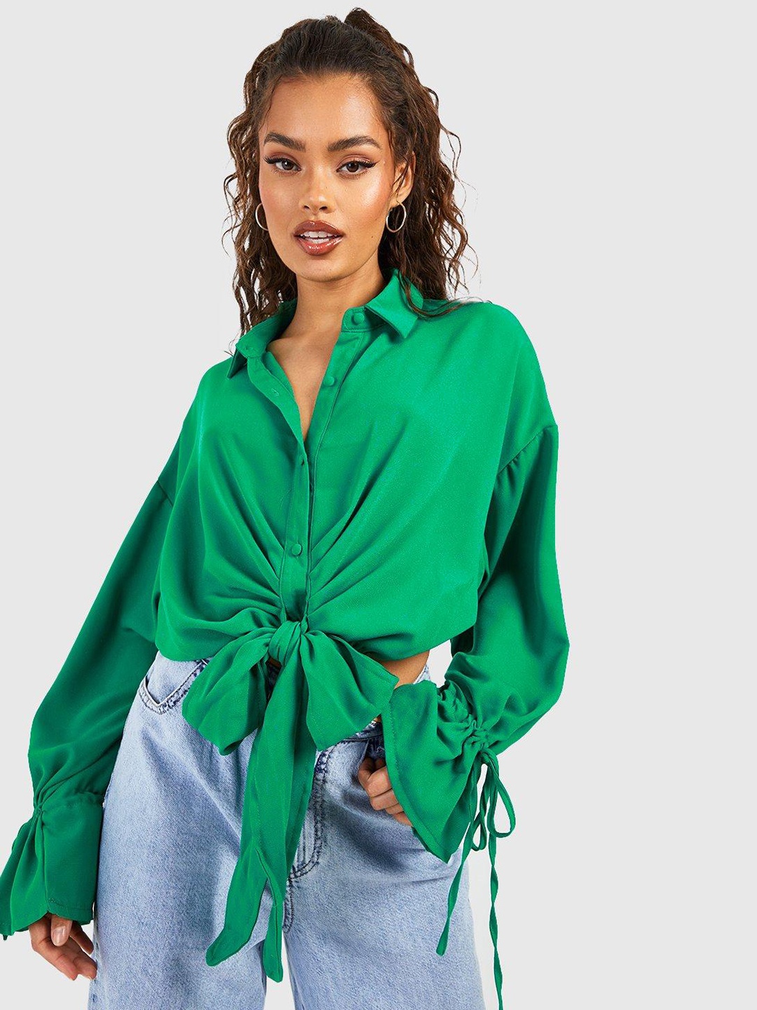 

Boohoo Bell Sleeve Shirt Style Top, Green