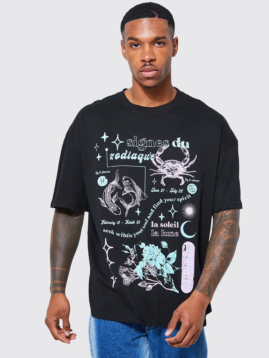 

boohooMAN Pure Cotton Oversized Printed Drop-Shoulder Sleeves T-shirt, Black