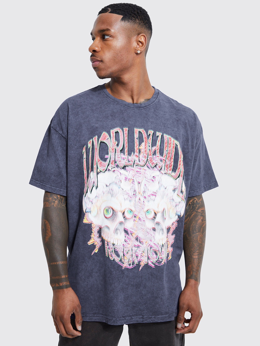 

boohooMAN Oversized Pure Cotton Printed Drop-Shoulder Sleeves T-shirt, Blue