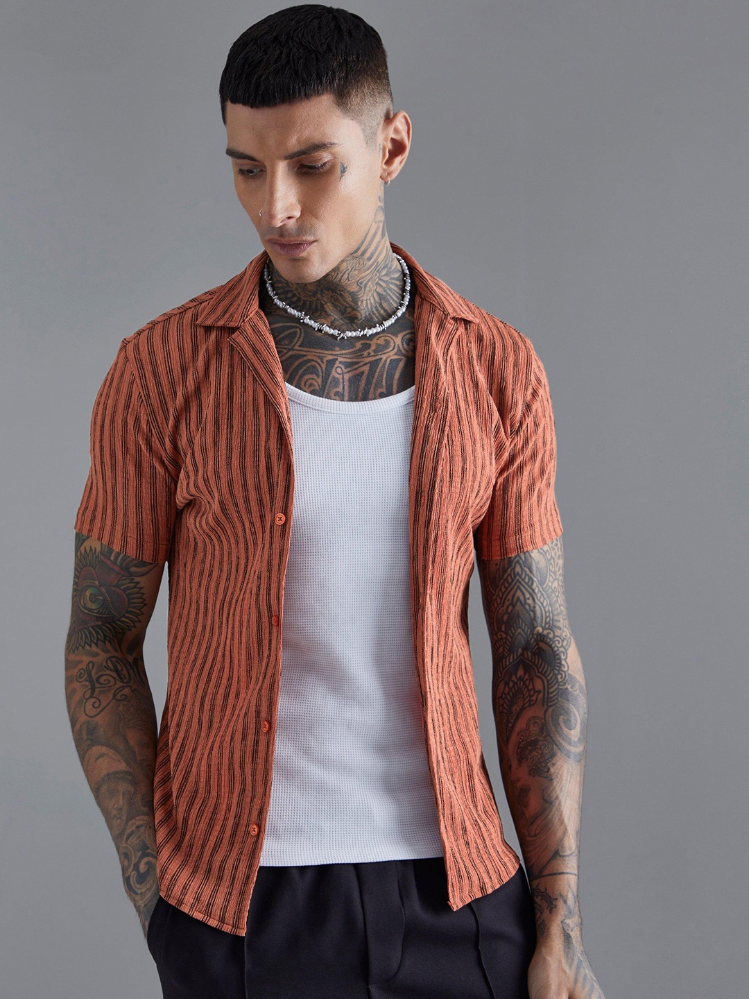 

boohooMAN Striped Slim Fit Casual Shirt, Rust