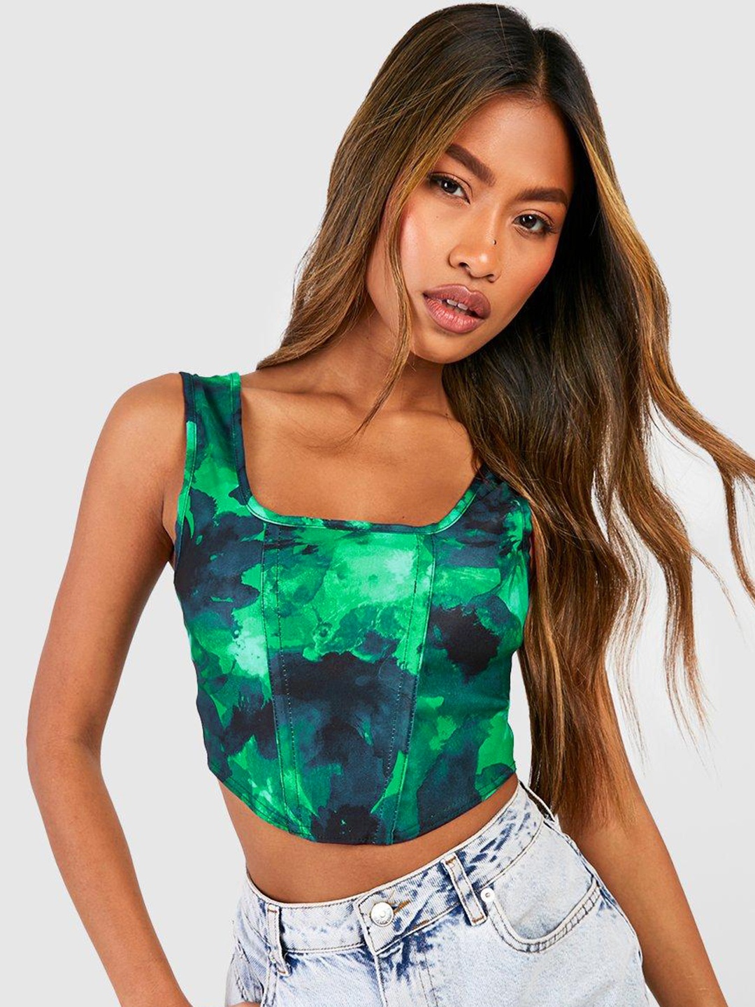 

Boohoo Abstract Print Corset Crop Top, Green