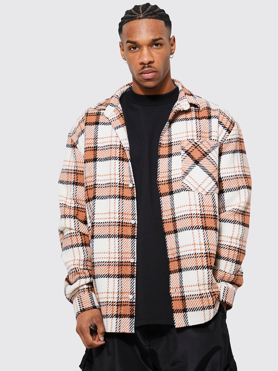 

boohooMAN Oversized Tartan Checks Casual Shacket, Off white