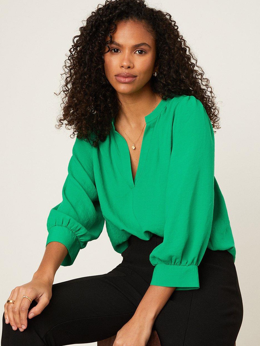 

DOROTHY PERKINS Puff Sleeves Mandarin Collar Regular Top, Green