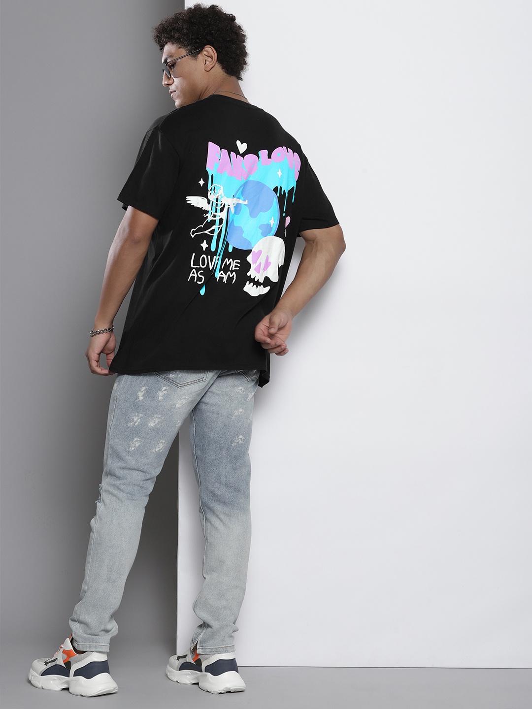 

boohooMAN Oversized Printed Back Drop-Shoulder Sleeves Pure Cotton T-shirt, Black