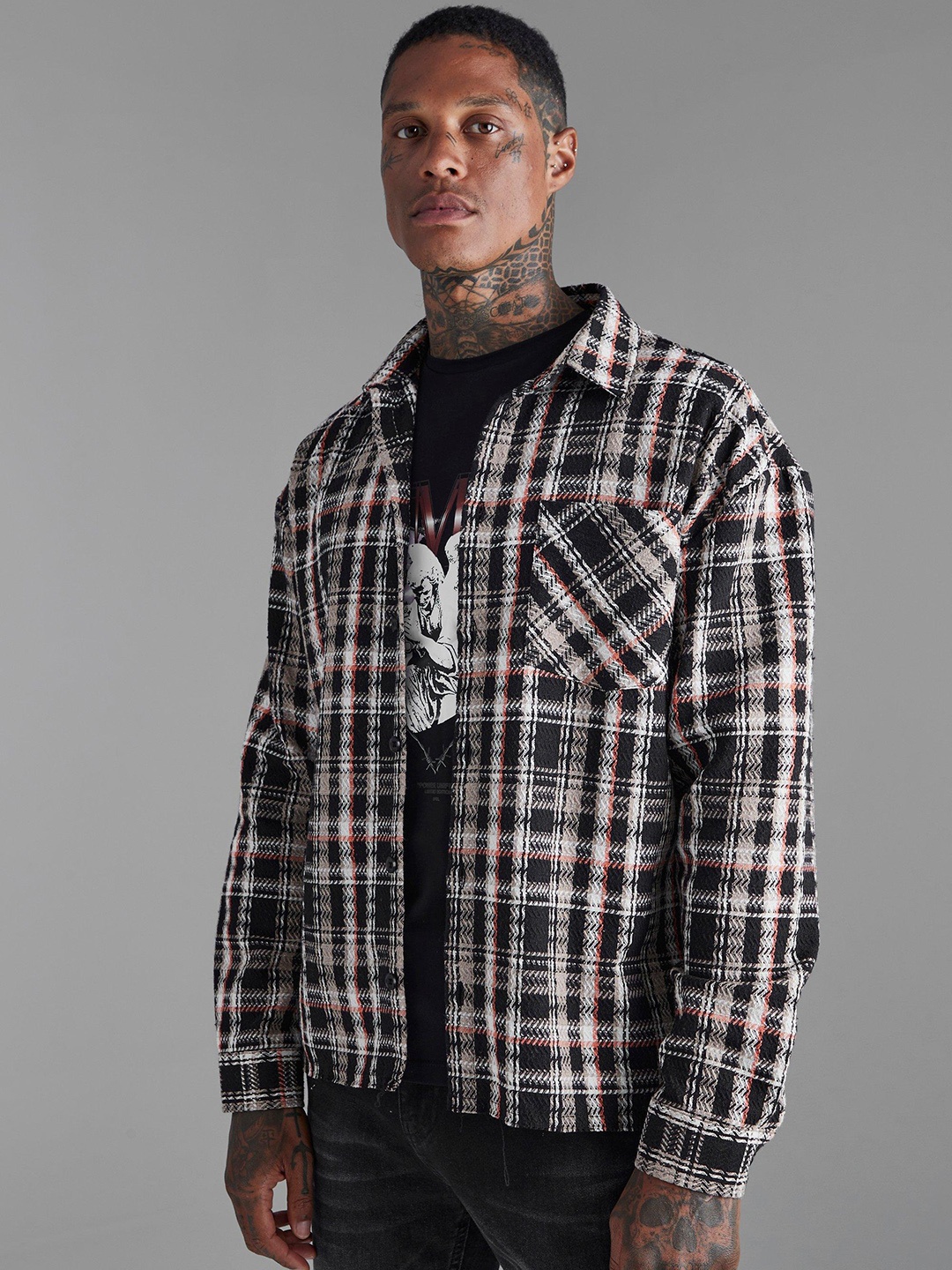 

boohooMAN Tartan Checked Casual Shacket, Black