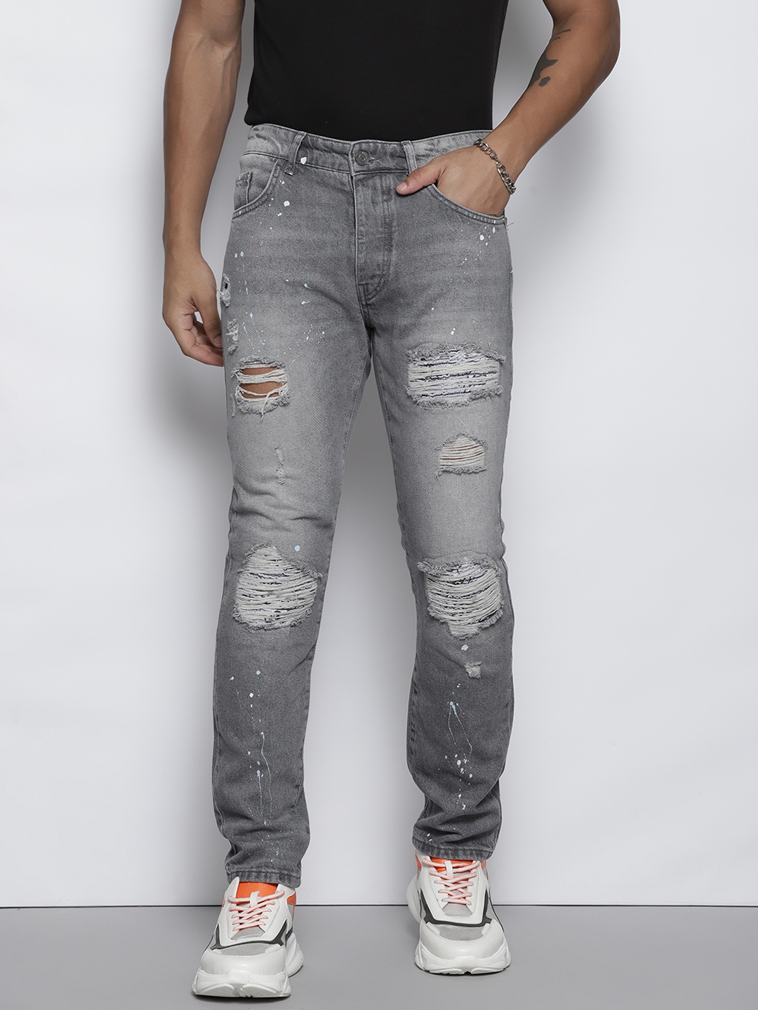 

boohooMAN Pure Cotton Slim Fit Highly Distressed Heavy Fade Printed Jeans, Charcoal