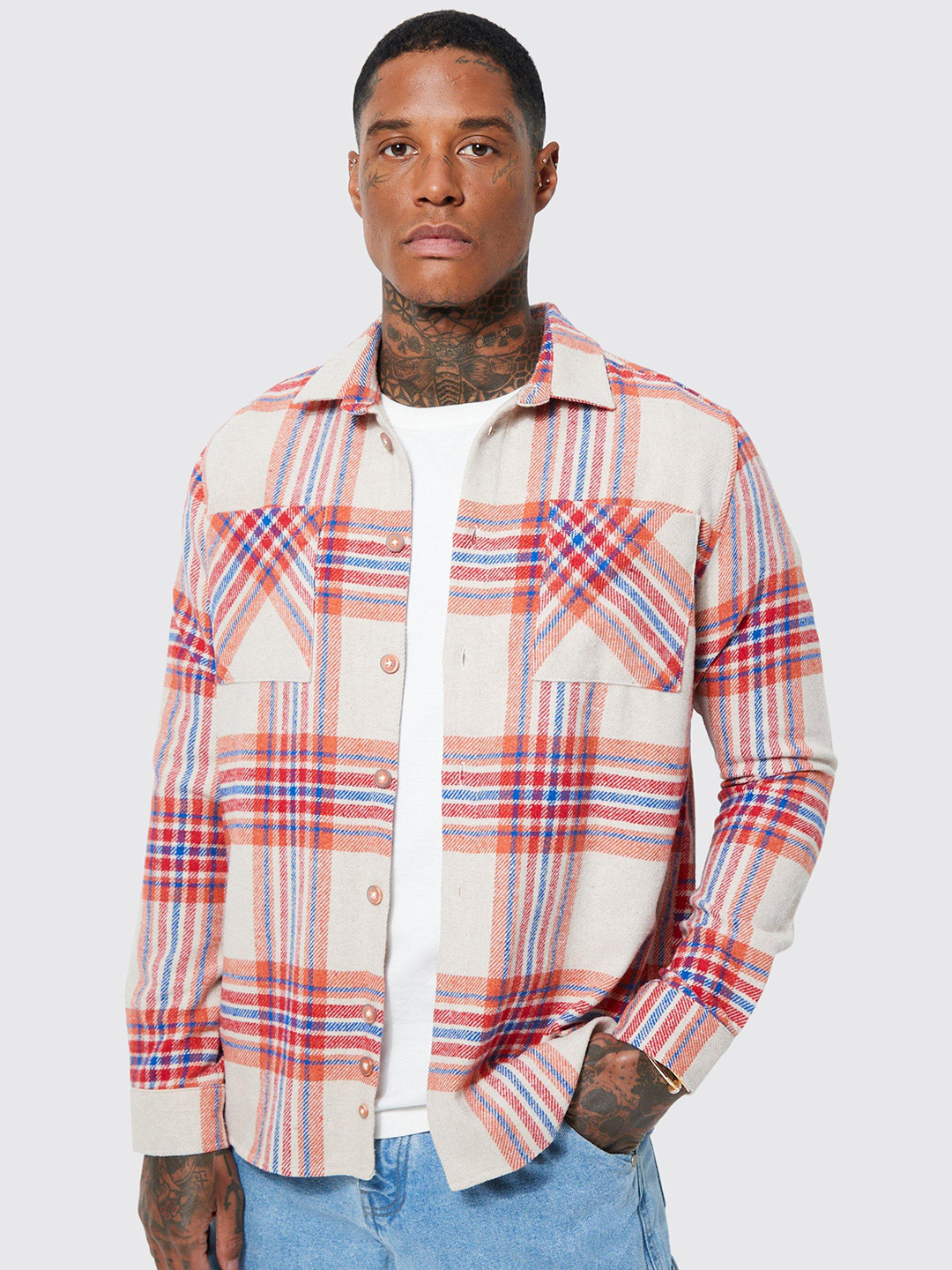 

boohooMAN Checked Casual Shacket, White