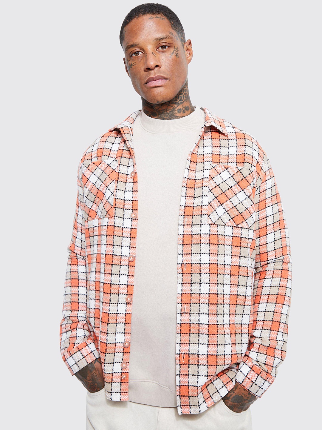 

boohooMAN Twill Checked Shacket, Peach