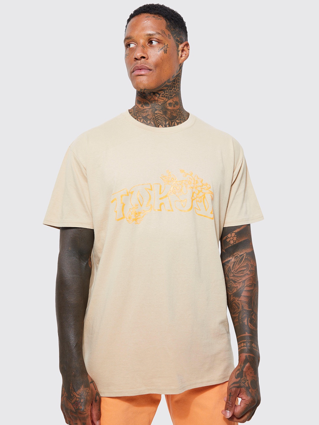 

boohooMAN Pure Cotton Oversized Drop-Shoulder T-shirt, Beige