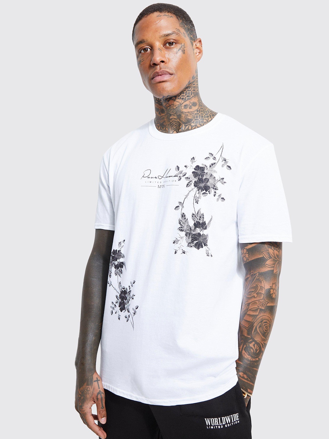 

boohooMAN Pure Cotton Floral Printed Slim Fit T-shirt, White