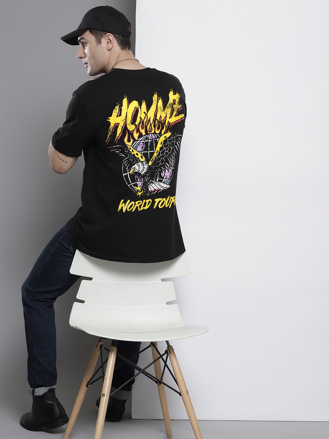 

boohooMAN Oversized Printed Back Drop-Shoulder Sleeves Pure Cotton T-shirt, Black