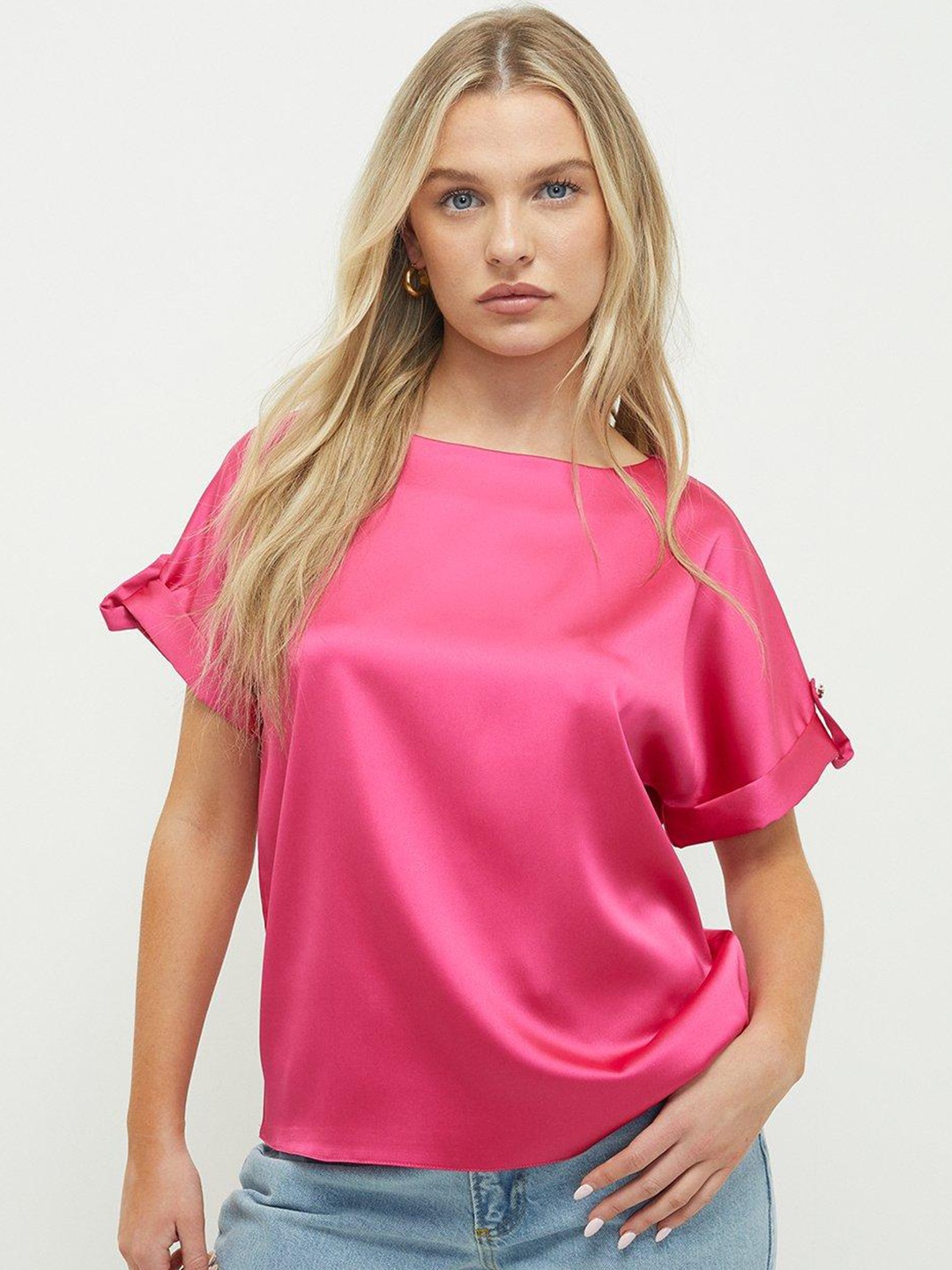 

DOROTHY PERKINS Petite Satin Finish Roll-Up Sleeves Regular Top, Pink