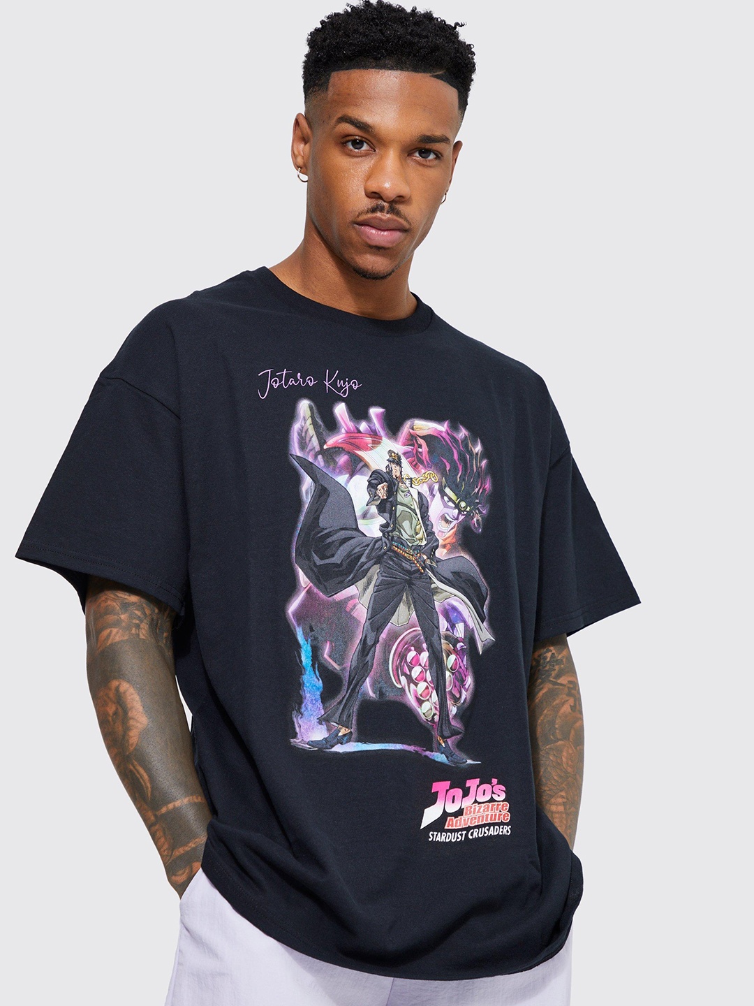 

boohooMAN Oversized Pure Cotton Printed Drop-Shoulder T-shirt, Navy blue