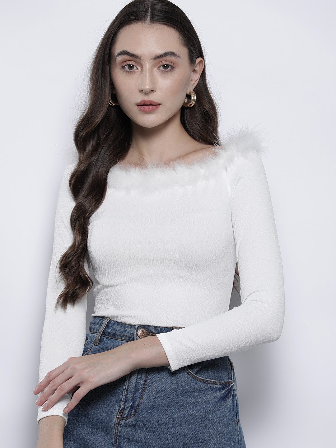 

Boohoo Faux Fur Detailed Bardot Style Fitted Top, White