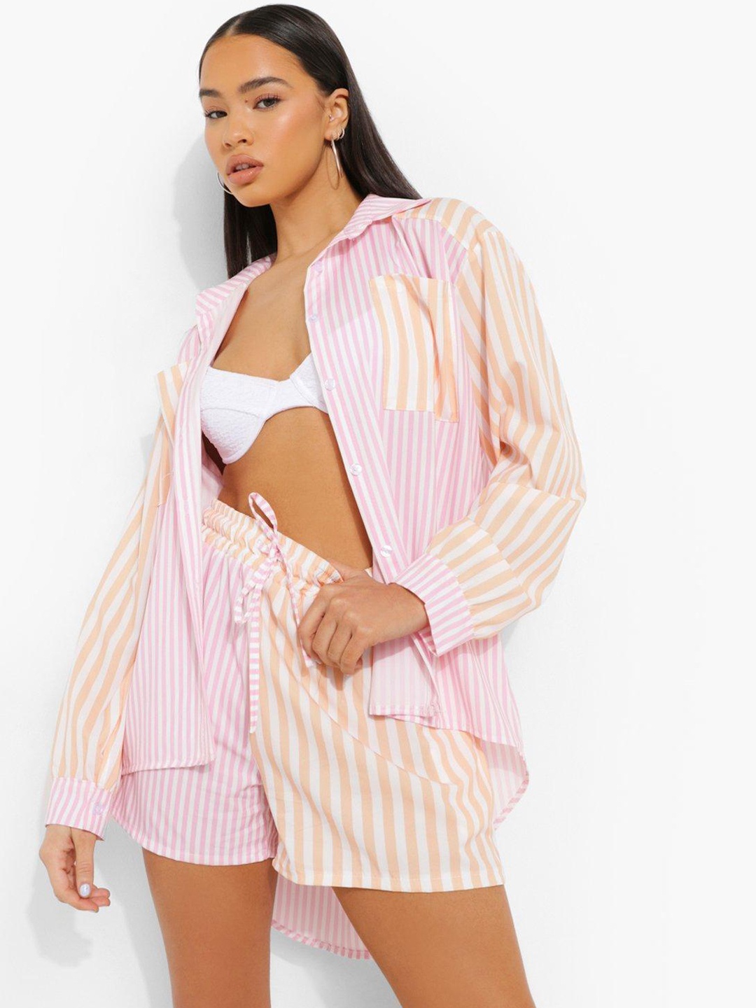 

Boohoo Striped Relaxed Fit High-Low Shirt, Off white