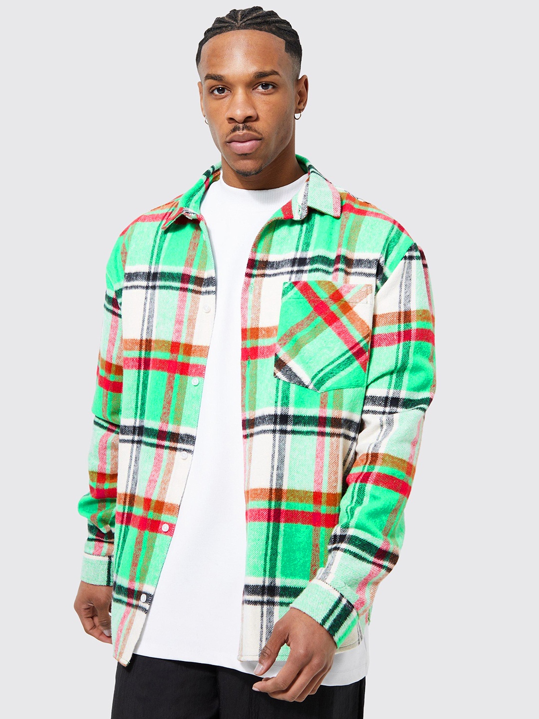

boohooMAN Oversized Tartan Checks Casual Longline Shacket, Green
