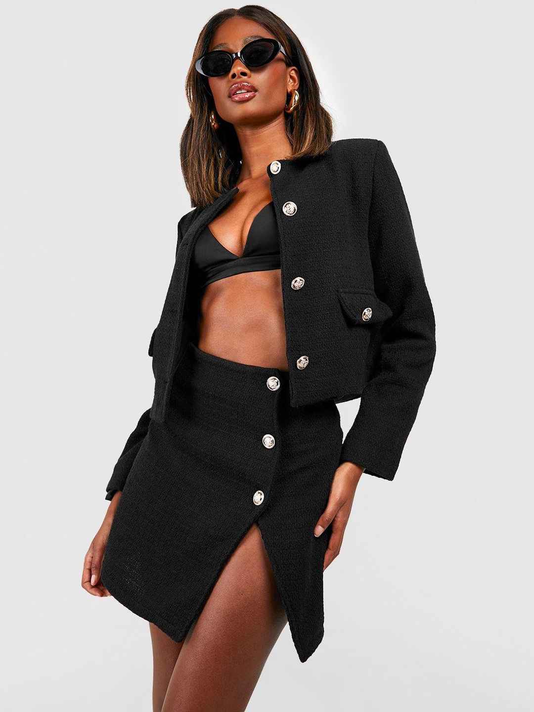 

Boohoo Textured Button Detailed Mini Skirt, Black