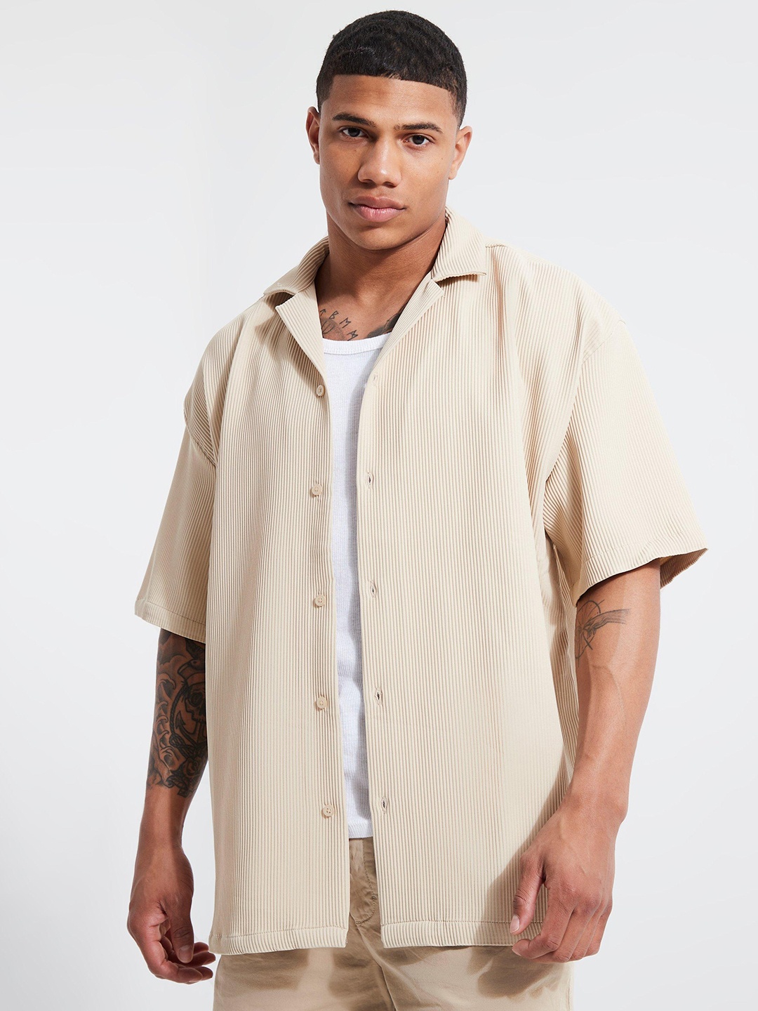 

boohooMAN Pleated Short Sleeve Oversized Shirt, Beige