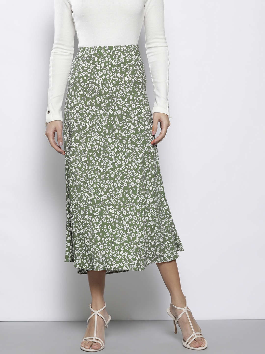 

DOROTHY PERKINS Petite Floral Print A-Line Midi Skirt, Green