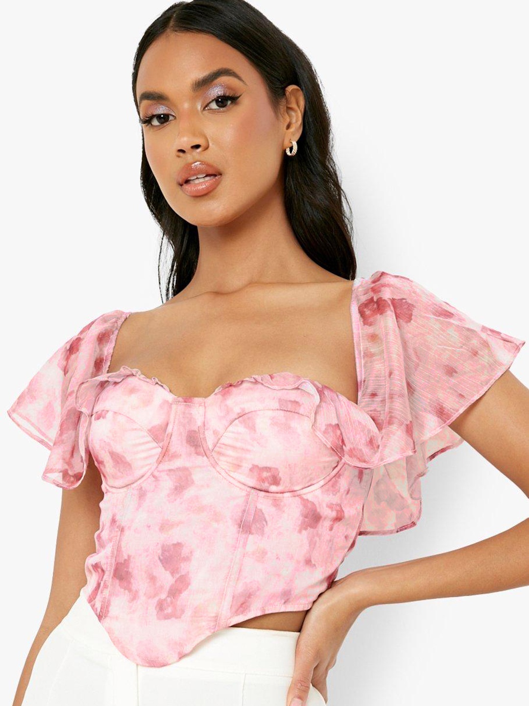 

Boohoo Printed Sweetheart Neck Corset-Style Crop Top, Pink