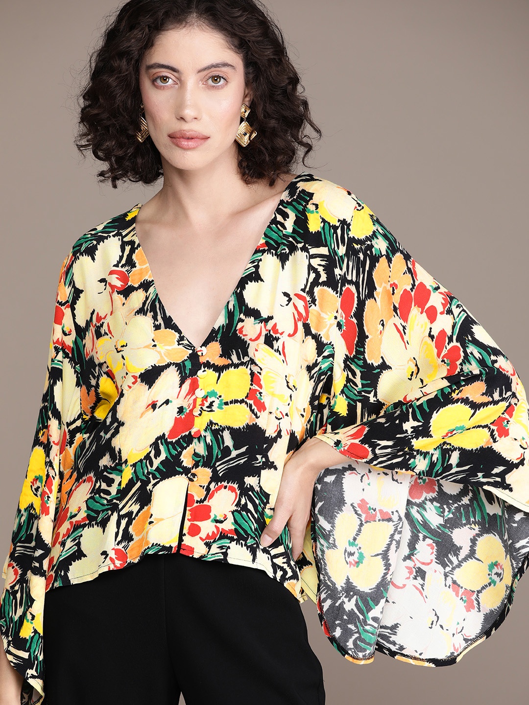 

WAREHOUSE Floral Printed Flared Sleeves Top, Yellow