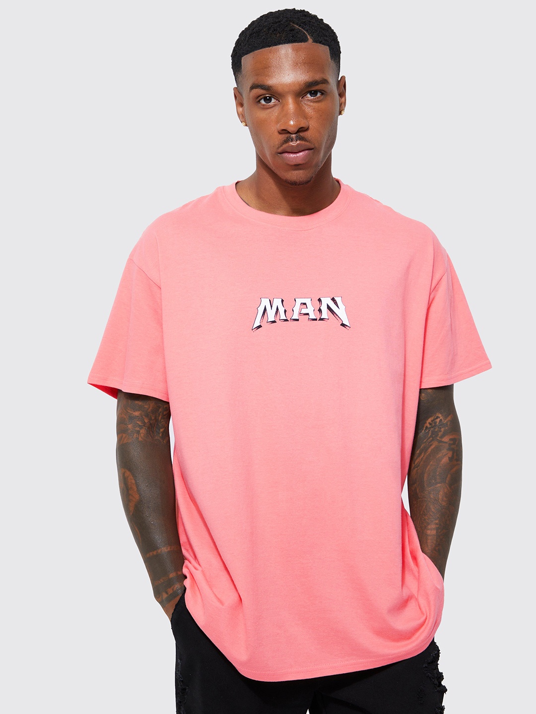 

boohooMAN Pure Cotton Oversized Drop-Shoulder T-shirt, Peach