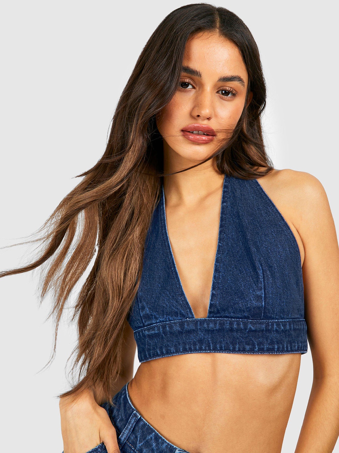 

Boohoo Halter Neck Denim Bralette Crop Top, Navy blue
