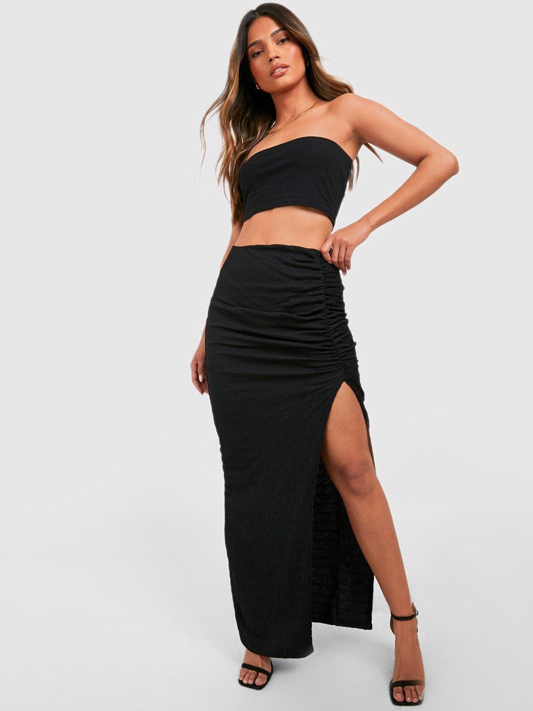 

Boohoo Women Self-Design High Slit Maxi Pencil Skirt, Black