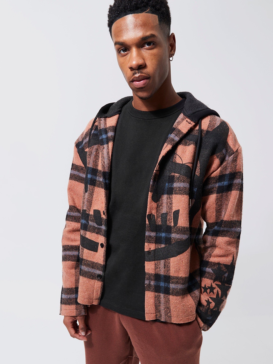 

boohooMAN Opaque Checked Hooded Shacket, Peach