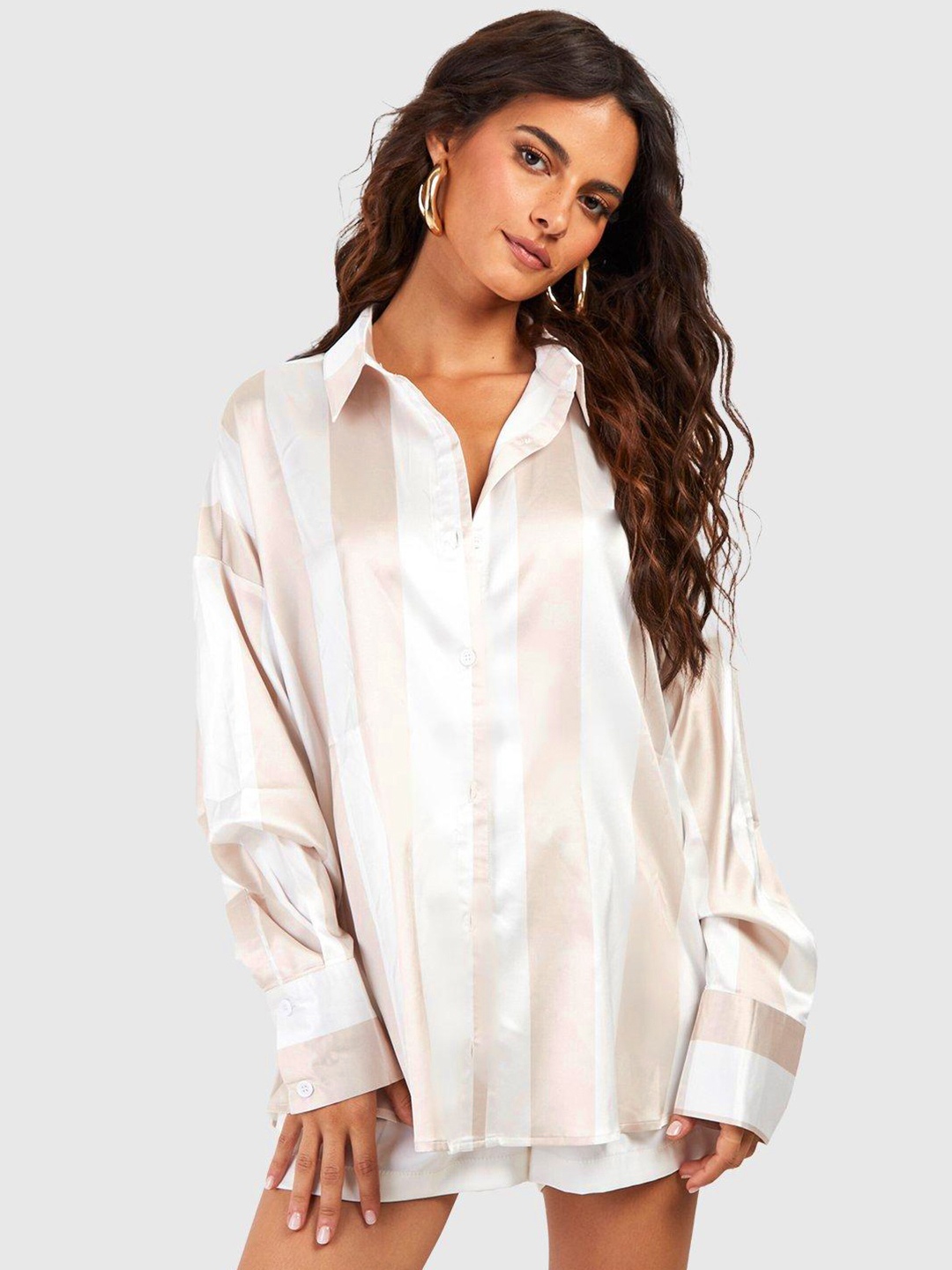 

Boohoo Women Striped Satin Oversized Casual Shirt, White
