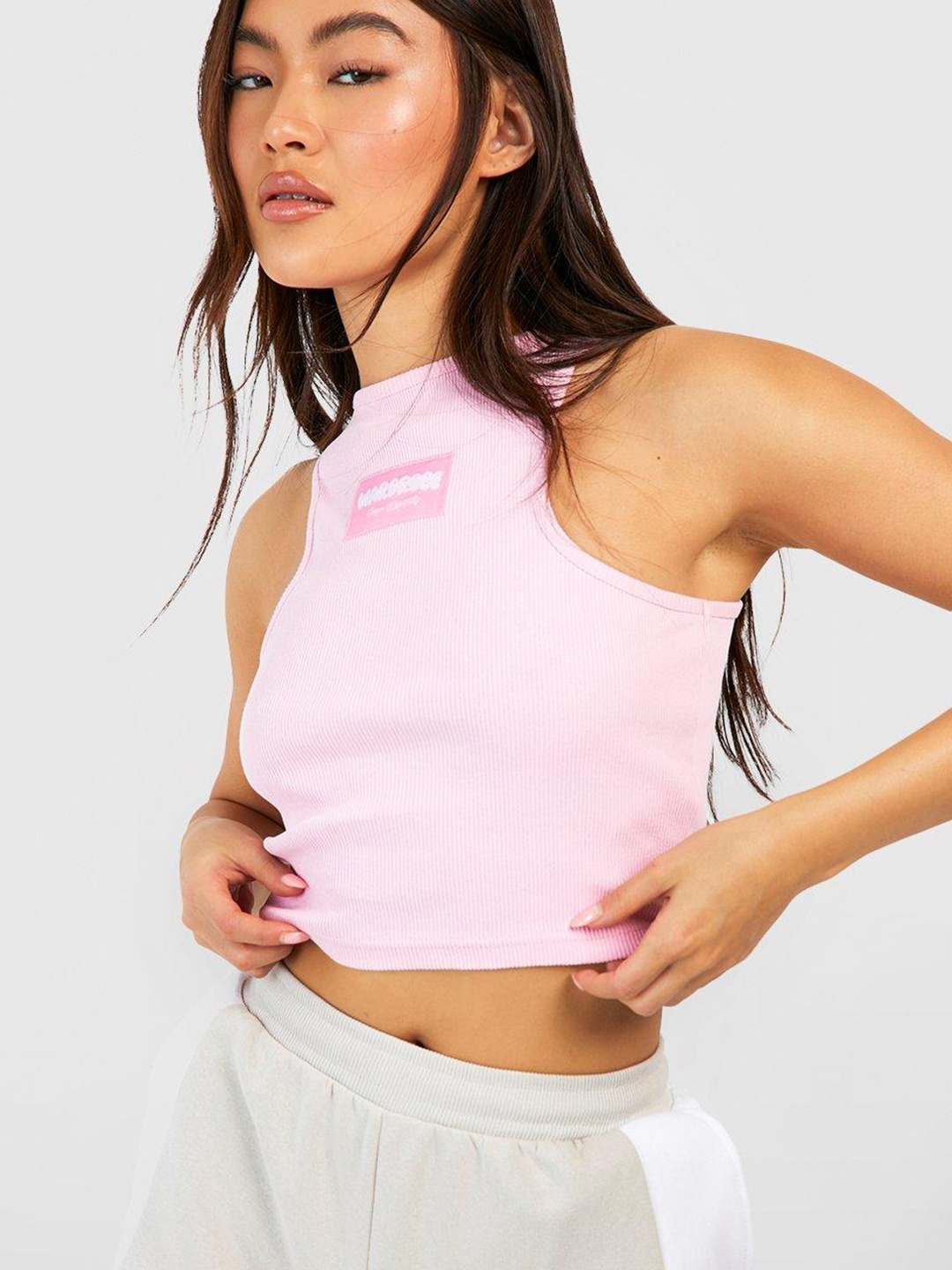 

Boohoo Ribbed Printed Crop Racer Top, Pink