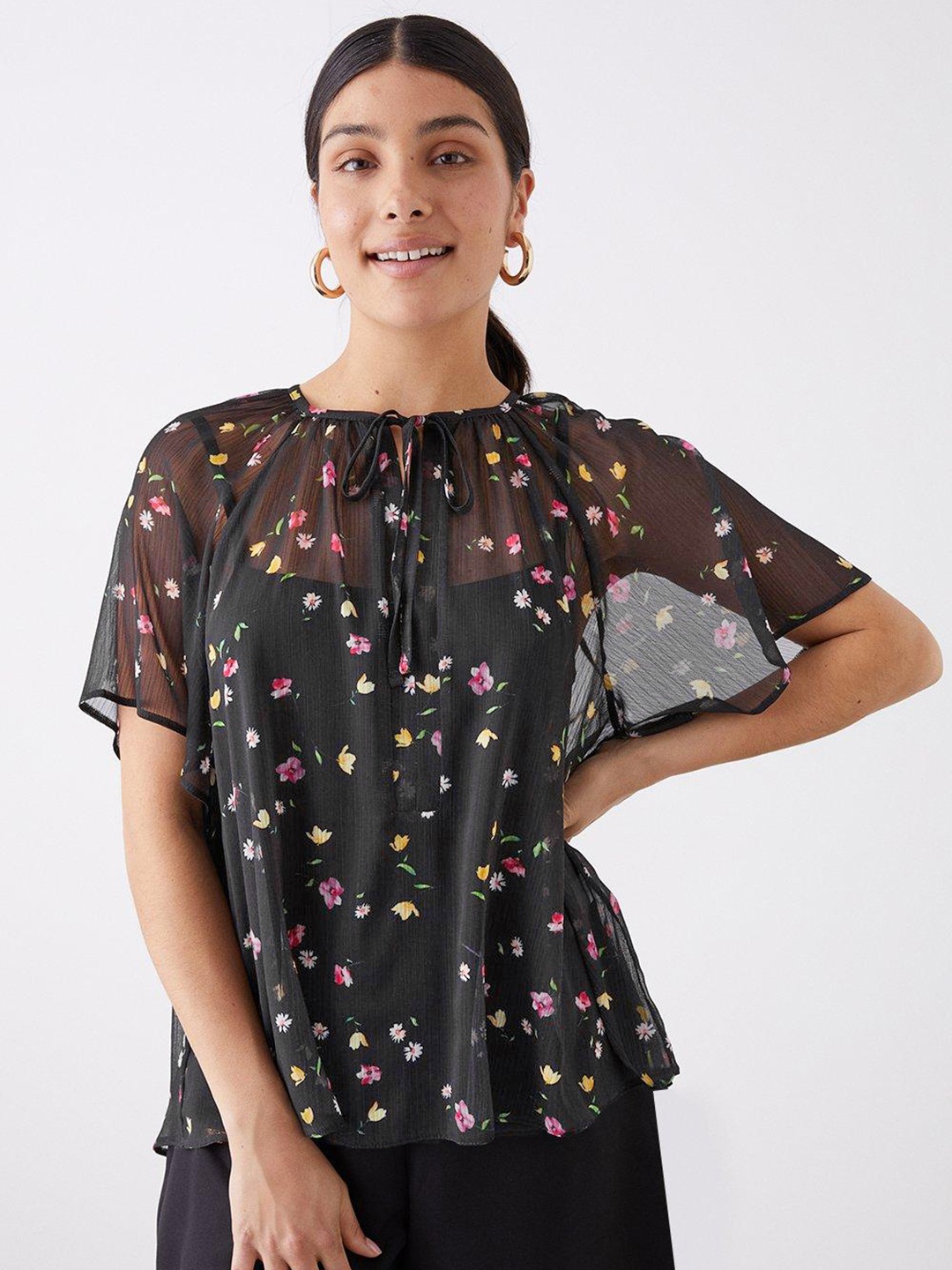 

DOROTHY PERKINS Floral Print Tie-Up Neck Semi-Sheer Extended Sleeves Chiffon Top, Black